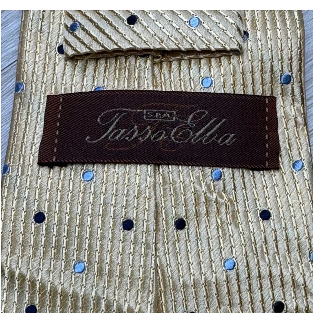 Tasso Elba Mens Gold  Blue Polka Dot Silk NeckTie‎ Handmade Formal Attire